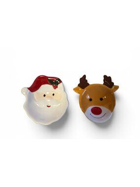Santa & Reindeer Ceramic Holiday Dishes Set Of 2